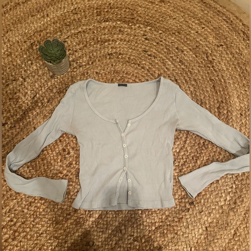 Brandy Melville Light Blue Ribbed Button-Up Top